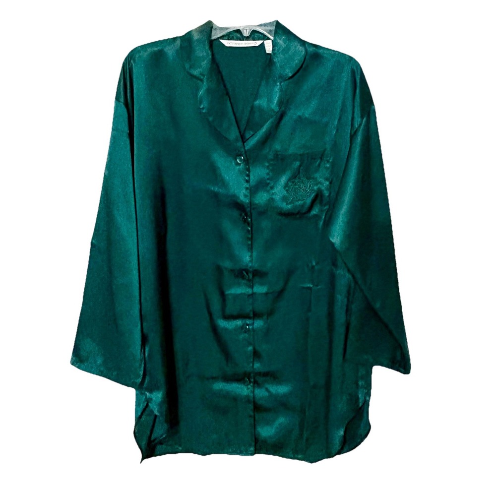 Vtg 90's Victorias Secret S Button Green Satin Nightgown Sleep Shirt Y2K
